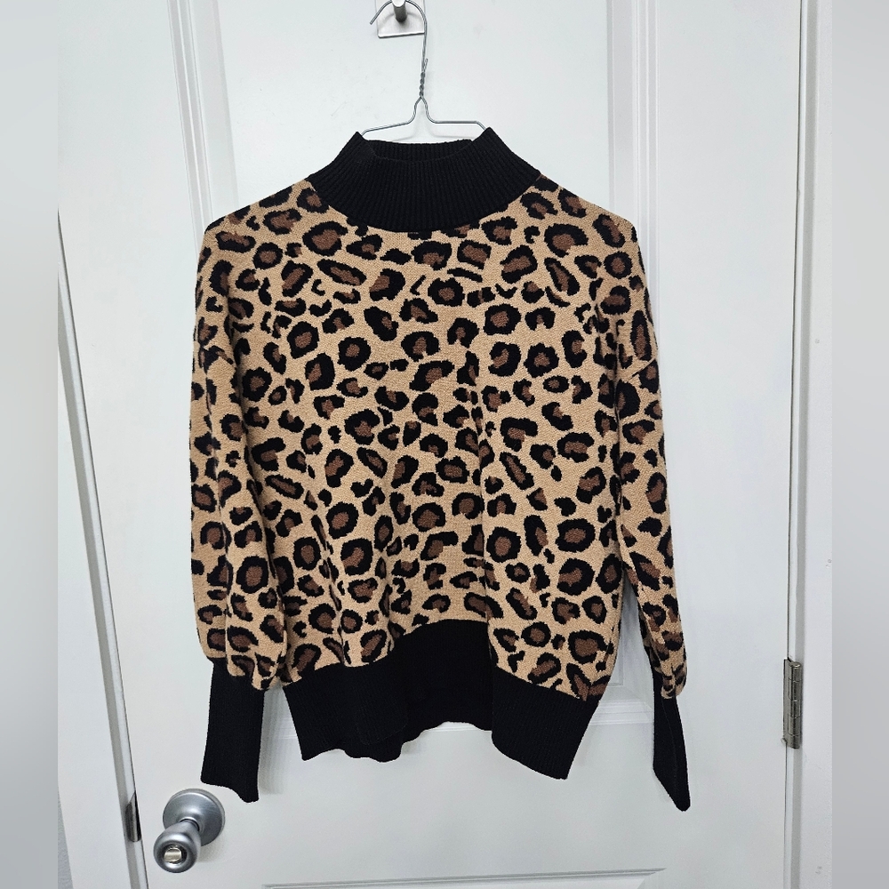 Rachel Zoe Mock Neck Leopard Print Brown Sweater Large